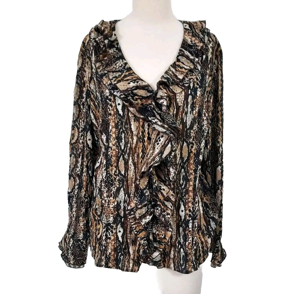 Jm Collection Shirt Top 18 Crinkled Ruffled Button Up Long Sleeves Animal Print